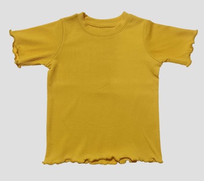 Priyal Designer Girls Colorblock Cotton Blend Regular T Shirt(Yellow, Pack of 1)