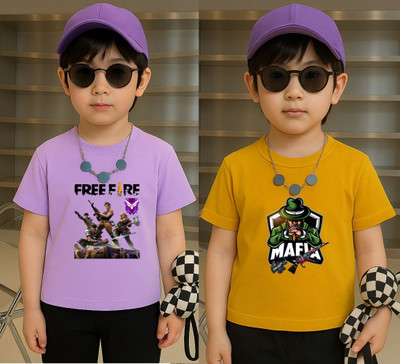 Lecowar Boys Graphic Print Polyester Regular T Shirt(Purple, Yellow, Pack of 1)