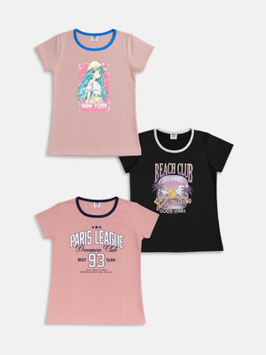 Here&Now X Game Begins Baby Girls Printed Cotton Blend Regular T Shirt(Multicolor, Pack of 1)