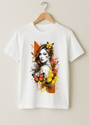 Kid's Yuga Girls Printed Cotton Blend Regular T Shirt(White, Pack of 1)