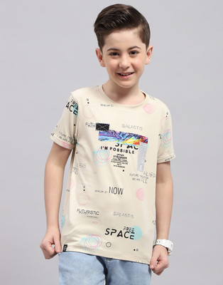 MONTE CARLO Boys Typography Cotton Blend Regular T Shirt(Beige, Pack of 1)