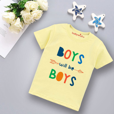 Babywish Boys Graphic Print Cotton Blend Regular T Shirt(Yellow, Pack of 1)
