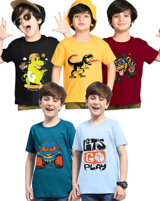 Kiddy Viddy Boys Printed Cotton Blend Regular T Shirt(Light Blue, Yellow, Pack of 5)