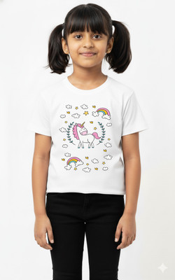 R and S Creations Girls Printed Pure Cotton Regular T Shirt(Black, Pack of 1)