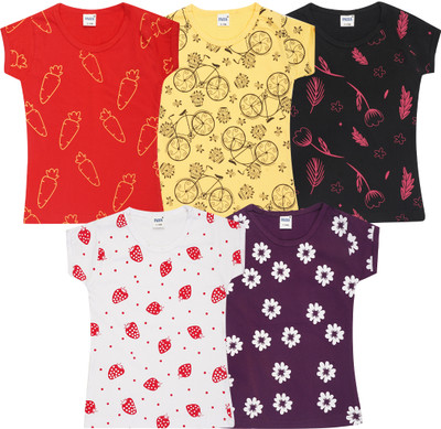 FAZZA Girls Printed Pure Cotton Regular T Shirt(Multicolor, Pack of 5)