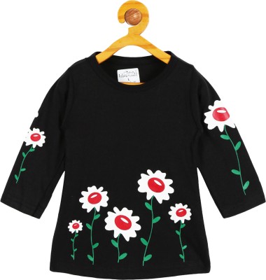 babeezworld Girls Printed Cotton Blend T Shirt(Black, Pack of 1)