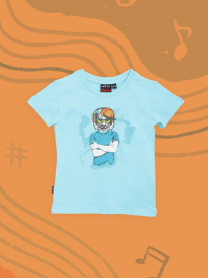 GINI & JONY Boys Printed Pure Cotton Regular T Shirt(Blue, Pack of 1)