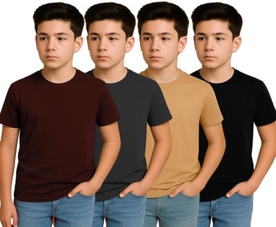 CLAEL Boys Solid Polyester Regular T Shirt(Black, Brown, Pack of 4)