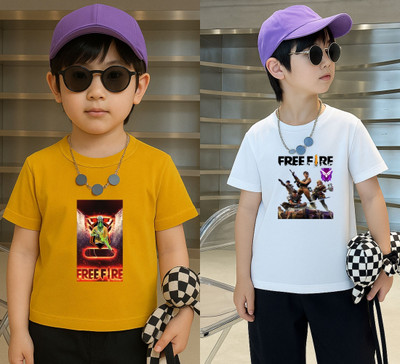 Lecowar Boys Printed Polyester Regular T Shirt(Yellow, White, Pack of 2)