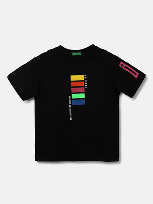 United Colors of Benetton Boys Printed Pure Cotton Regular T Shirt(Black, Pack of 1)