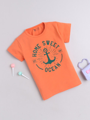 Yellow Apple Boys Typography, Printed Cotton Blend Regular T Shirt(Orange, Pack of 1)