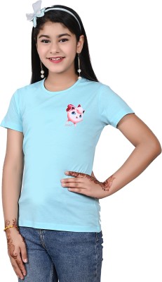 Telesto Girls Printed Cotton Blend T Shirt(Light Blue, Pack of 1)