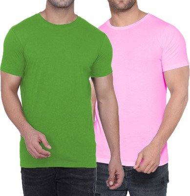 Kroptee Boys Solid Cotton Blend Regular T Shirt(Pink, Green, Pack of 2)