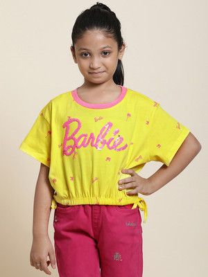 kidsville Girls Printed Pure Cotton Regular T Shirt(Yellow, Pack of 1)
