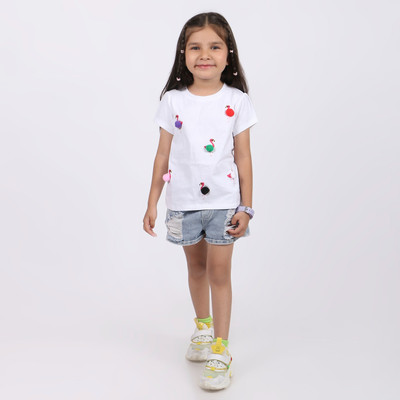 Padhariya Girls Cartoon Cotton Blend Regular T Shirt(White, Pack of 1)