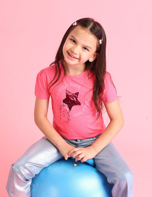 U.S. POLO ASSN. Girls Printed Pure Cotton Regular T Shirt(Pink, Pack of 1)