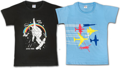 FRITTERS Boys Printed Pure Cotton Regular T Shirt(Black, Pack of 2)