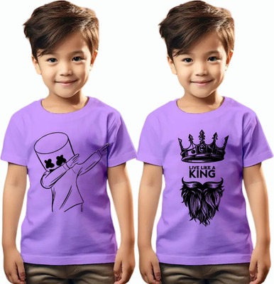 RAR Boys & Girls Graphic Print Polycotton Regular T Shirt(Purple, Pack of 2)