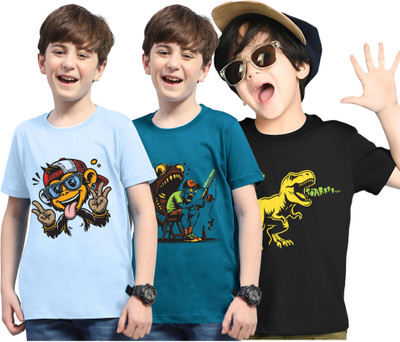 Kiddy Viddy Boys Printed Cotton Blend Regular T Shirt(Multicolor, Pack of 3)