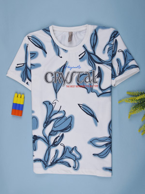 V-MART Boys Printed Cotton Blend Regular T Shirt(White, Blue, Pack of 1)