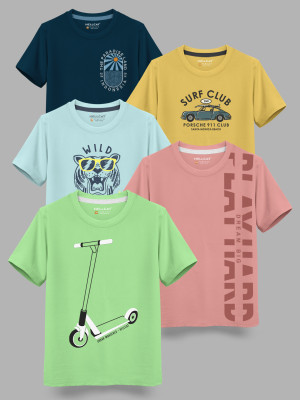 Hellcat Boys Printed Cotton Blend Regular T Shirt(Green, Pack of 5)