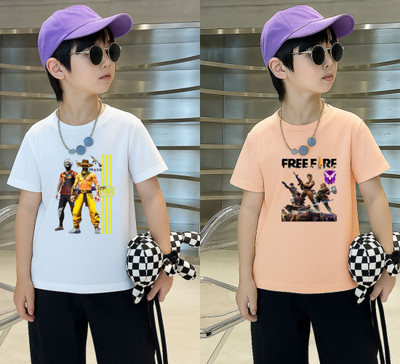 Lecowar Boys Printed Polyester Regular T Shirt(White, Pink, Pack of 2)