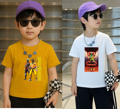 Lecowar Boys Printed Polyester Regular T Shirt(Yellow, White, Pack of 2)