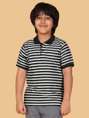 BUTRU Boys Striped Cotton Blend Regular T Shirt(White, Pack of 1)