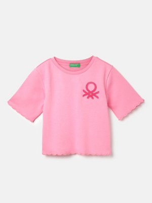 United Colors of Benetton Girls Solid Pure Cotton T Shirt(Pink, Pack of 1)