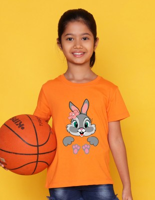 Nusyl Girls Graphic Print Cotton Blend T Shirt(Orange, Pack of 1)