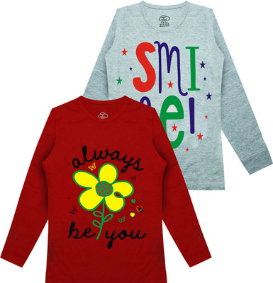 MIST N FOGG Baby Girls Typography Pure Cotton Regular T Shirt(Multicolor, Pack of 2)