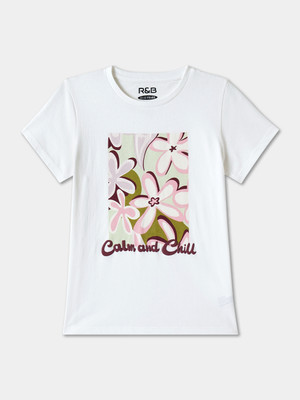 R&B Girls Graphic Print Pure Cotton Regular T Shirt(White, Pack of 1)