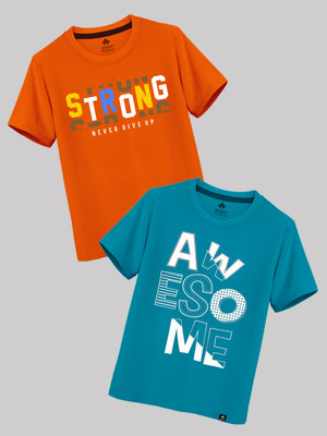 Raax Boys Typography Pure Cotton Regular T Shirt(Blue, Orange, Pack of 2)