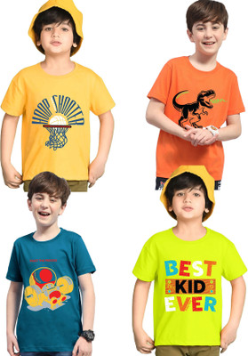 Kiddy Viddy Boys Printed Cotton Blend Regular T Shirt(Yellow, Light Green, Pack of 4)