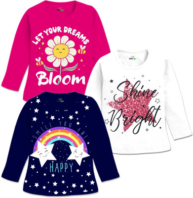MINI MYN Baby Girls Graphic Print Cotton Blend Regular T Shirt(Multicolor, Pack of 3)