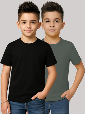 FRISKERS Boys Solid Pure Cotton Regular T Shirt(Black, Grey, Pack of 2)