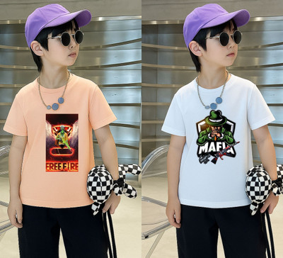 Lecowar Boys Printed Polyester Regular T Shirt(Pink, White, Pack of 1)