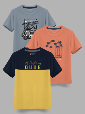 Hellcat Boys Printed Cotton Blend Regular T Shirt(Multicolor, Pack of 3)