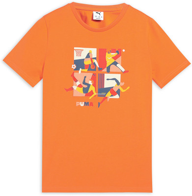 PUMA Boys Printed Cotton Blend Regular T Shirt(Orange, Pack of 1)
