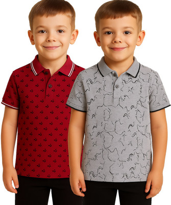 Fasla Boys Printed Cotton Blend Regular T Shirt(Red, Pack of 2)