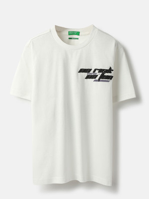 United Colors of Benetton Boys Printed Pure Cotton Regular T Shirt(White, Pack of 1)