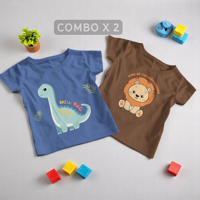 Pling Bling Boys & Girls Animal Print Cotton Blend Regular T Shirt(Multicolor, Pack of 2)