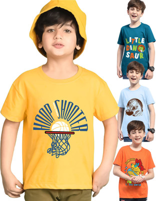 Kiddy Viddy Boys Printed Cotton Blend Regular T Shirt(Dark Blue, Yellow, Pack of 1)