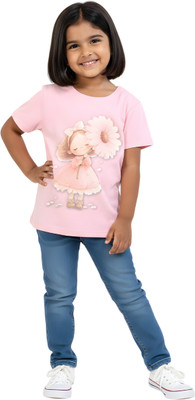 estuna Girls Graphic Print Pure Cotton Regular T Shirt(Pink, Pack of 1)