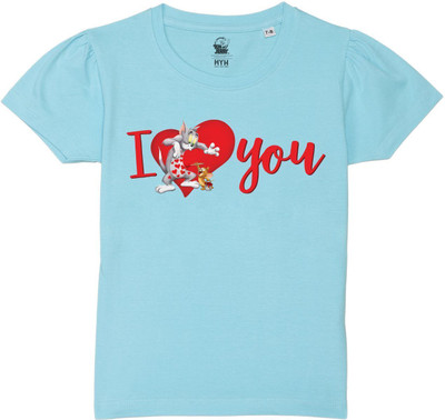 WYM TREND Girls Graphic Print Pure Cotton Regular T Shirt(Blue, Pack of 1)