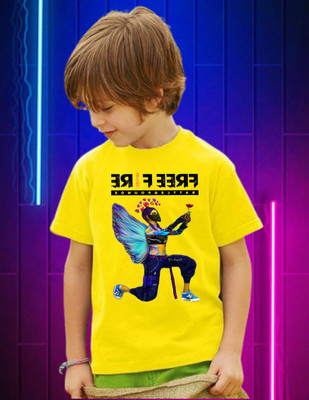 Snojh Boys & Girls Printed Cotton Blend Regular T Shirt(Yellow, Pack of 1)