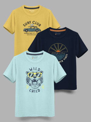 Hellcat Boys Printed Cotton Blend Regular T Shirt(Multicolor, Pack of 3)
