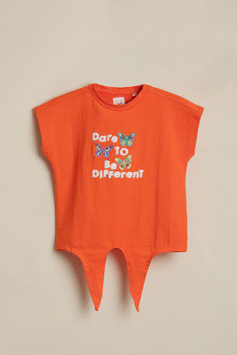 Allen Solly Girls Graphic Print Cotton Blend Regular T Shirt(Orange, Pack of 1)