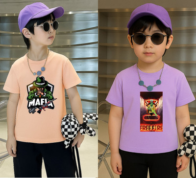 Lecowar Boys Printed Polyester Regular T Shirt(Pink, Purple, Pack of 2)