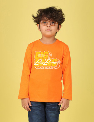Nusyl Boys Printed Cotton Blend Regular T Shirt(Orange, Pack of 1)